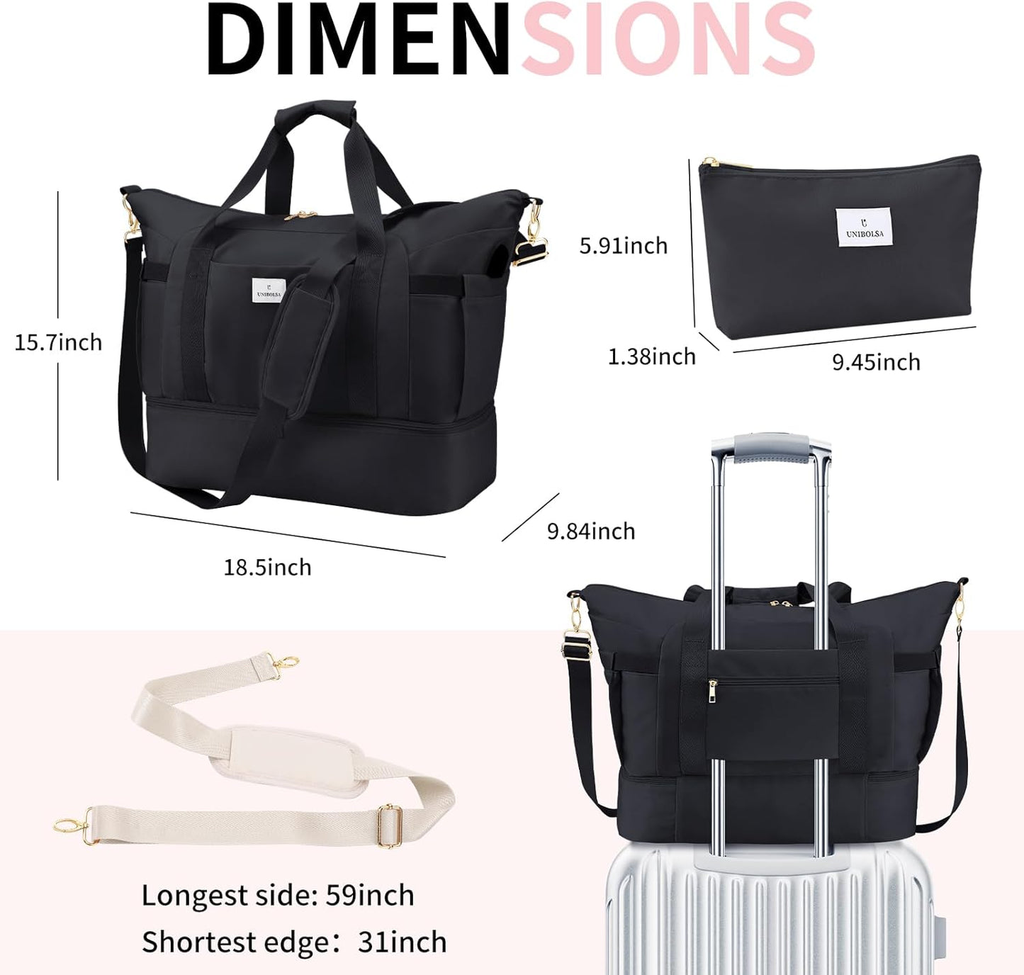 Dluxe Ave.Travel Duffel Bags with Shoe Compartment and USB Charging Port Carry on/ Black