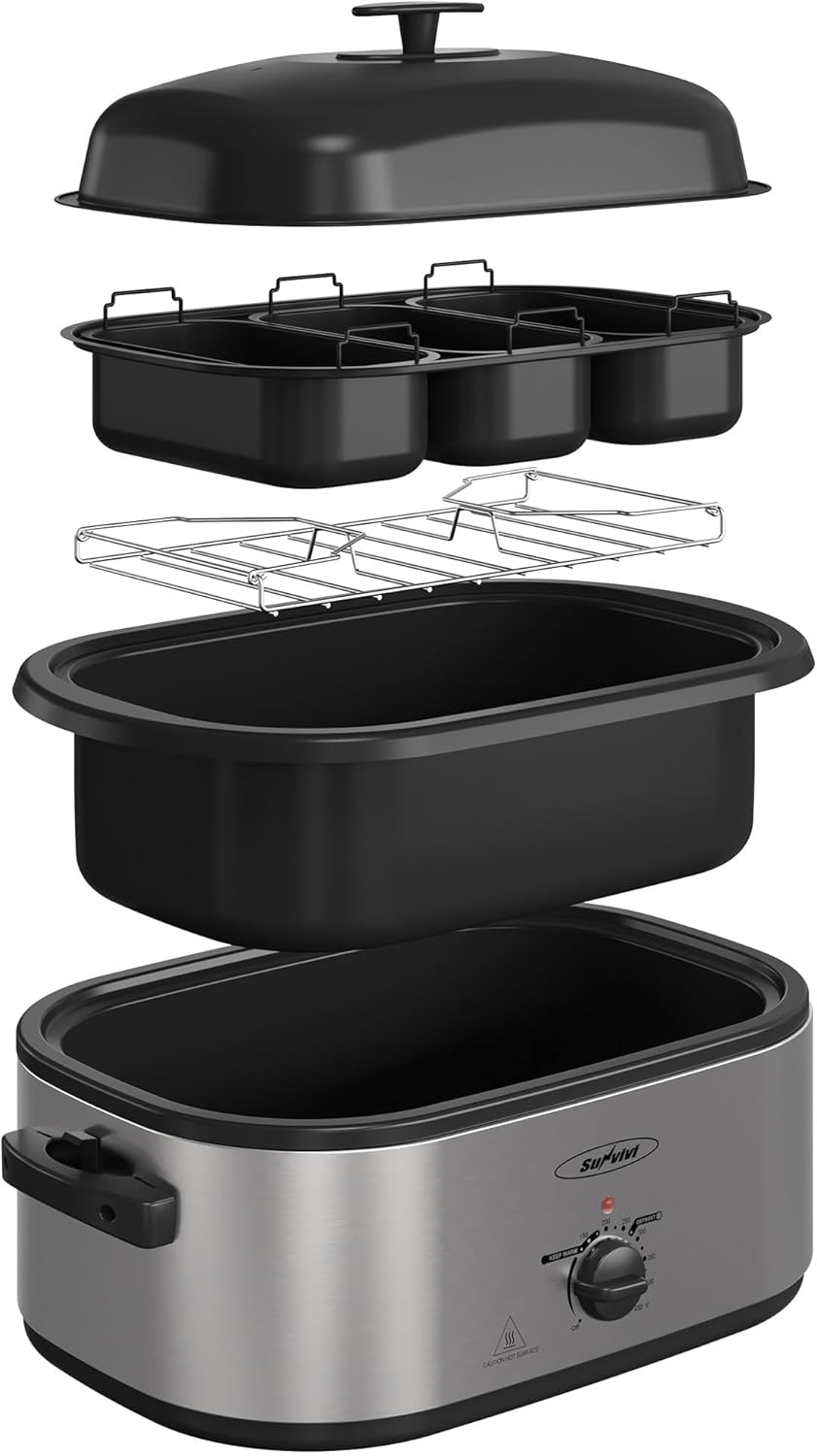 Dluxe Ave. 24QT Electric Roaster Oven / Removable 3-bin Buffet Server (Stainless Steel Silver)