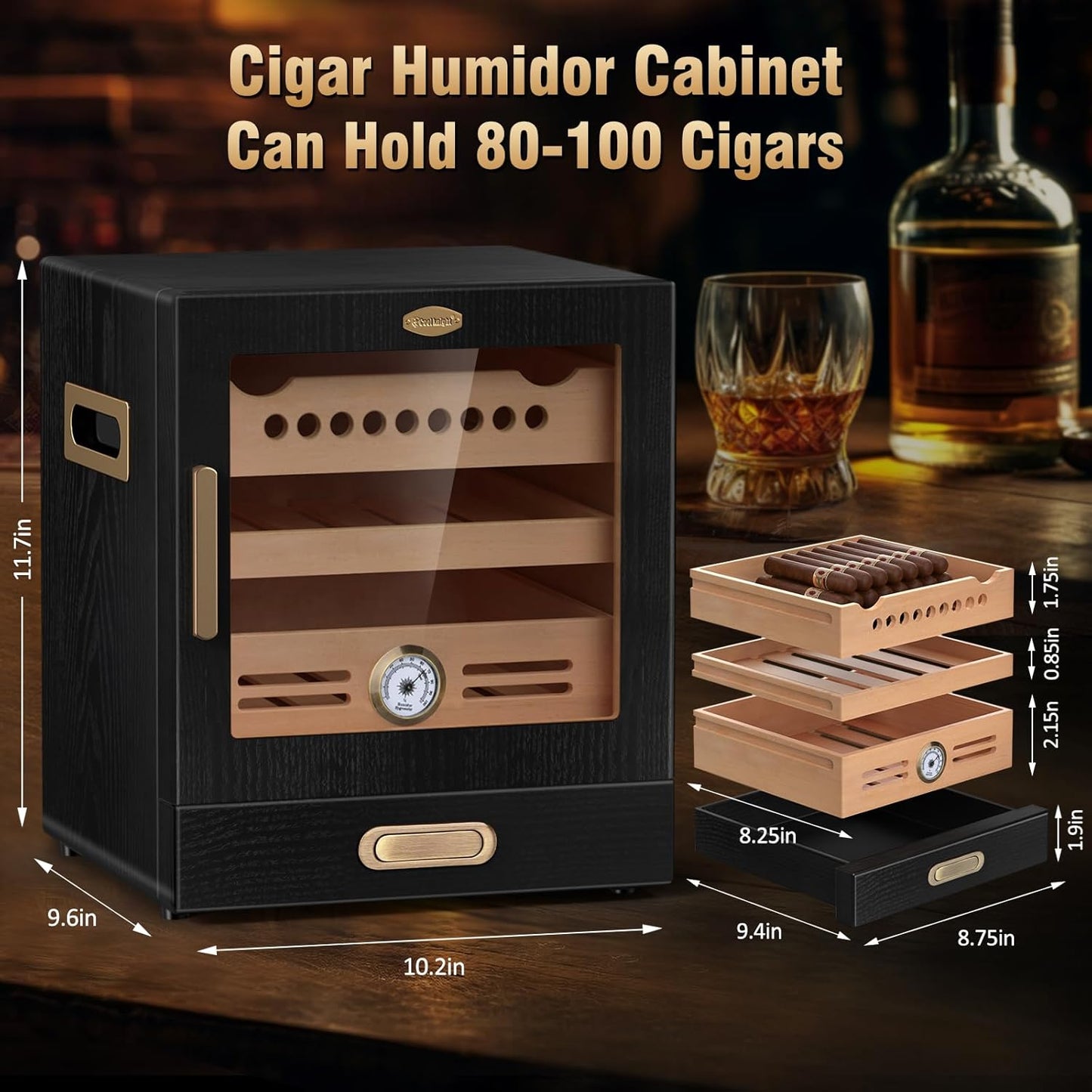 Dluxe Ave. Cigar Humidor Cabinet/ /Humidor with Spanish Cedar Wood/ Drawer