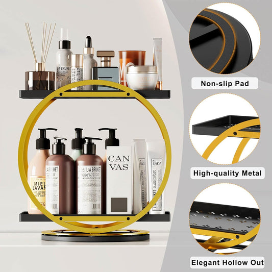 Dluxe Ave. Perfume Organizer for Dresser 360 Rotating Makeup Organizer for Vanity 2 Tier Large Capacity Bathroom Counter Organizer Cosmetic Skincare Storage Countertop Holder for Bedroom Kitchen(Black Gold)