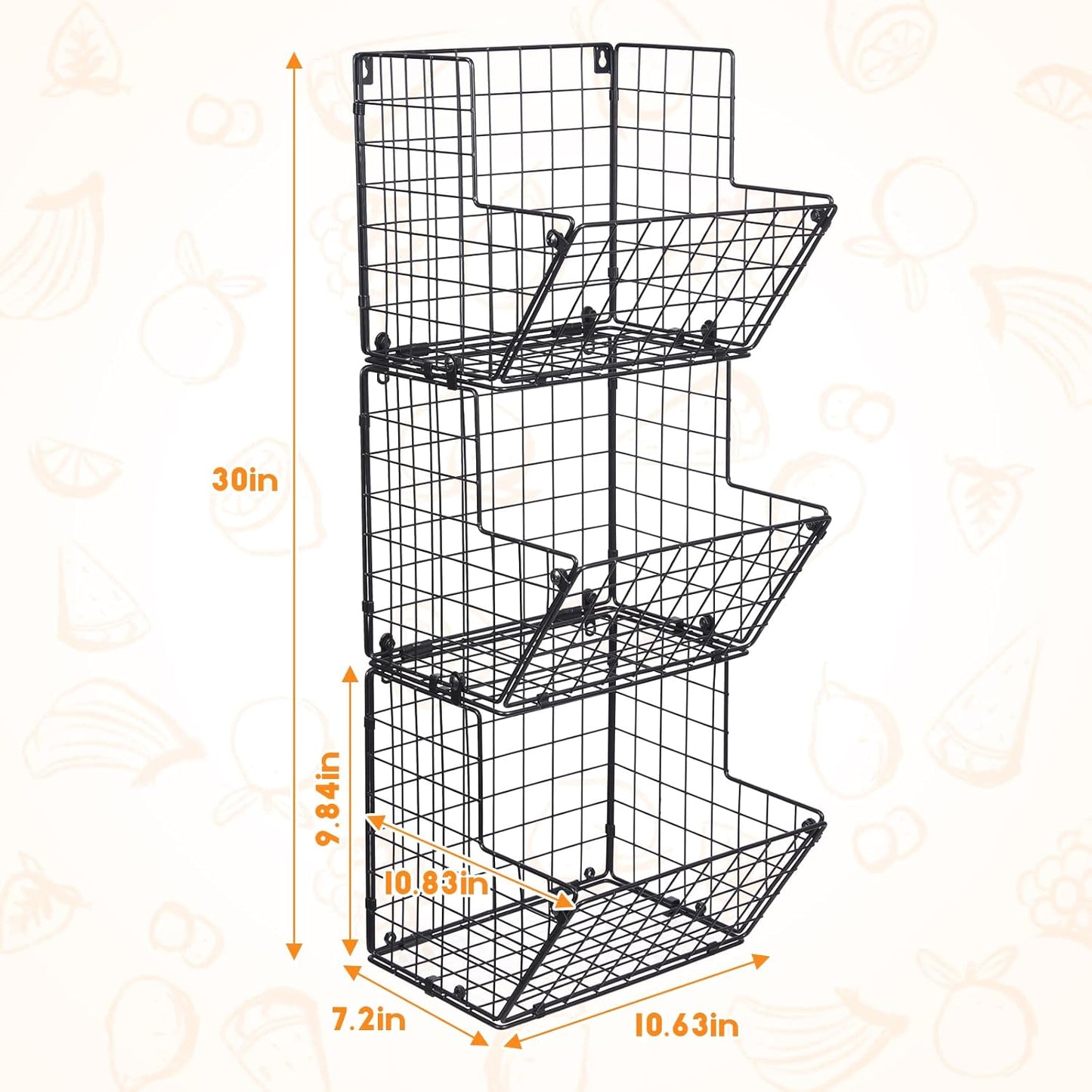 Dluxe Ave. 3 Tier Wall Storage Basket Organizer with 5 S Hooks/(S (10.83" L x 10.63" W x 30" H))