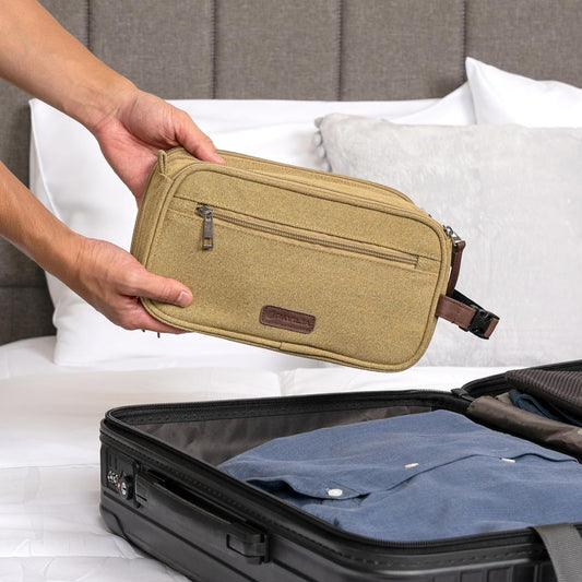Dluxe Ave. Men Canvas Travel Dopp Kit/ Water Resistant/ Accessories Bag/ Tan Khaki