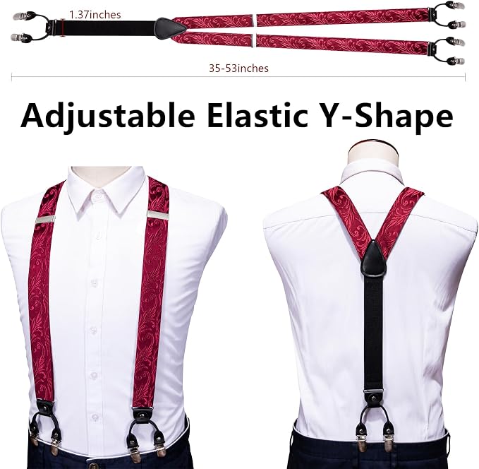 Dluxe Ave. Men Suspender Set with Necktie/ Elastic Y Type Heavy Duty/ 6 Clips Braces/ Tie Handkerchief & Cufflink Pin 6PCS
