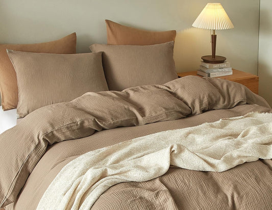 Dluxe Ave. ( QUEEN ) 3 Pcs 100% Washed Cotton {Duvet Cover} Set, Ultra Soft Comforter Cover, Light Brown
