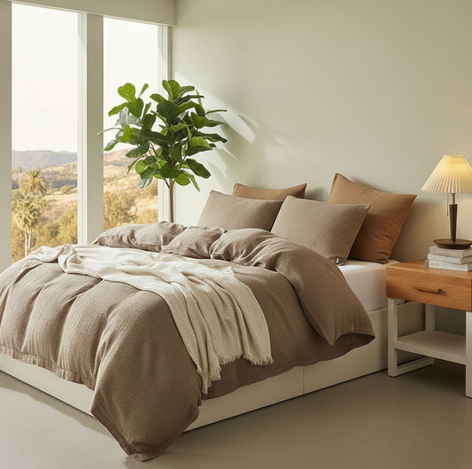 Dluxe Ave. (QUEEN) 3 Pcs 100% Washed Cotton {Duvet Cover} Set, Ultra Soft Comforter Cover, Light Brown