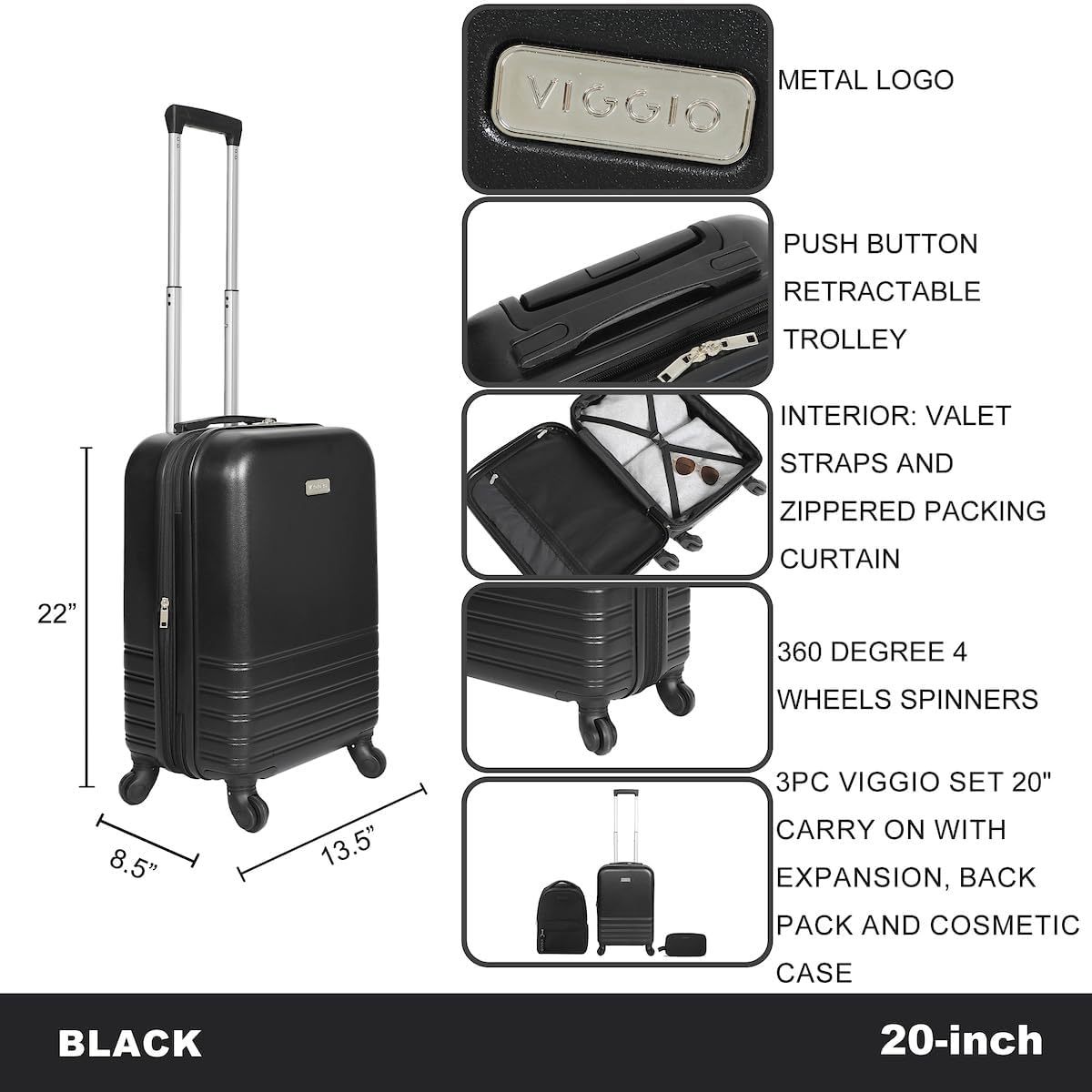 Dluxe Ave. 3-Piece Black Luggage Set/ Spinning Wheels/ (Black)