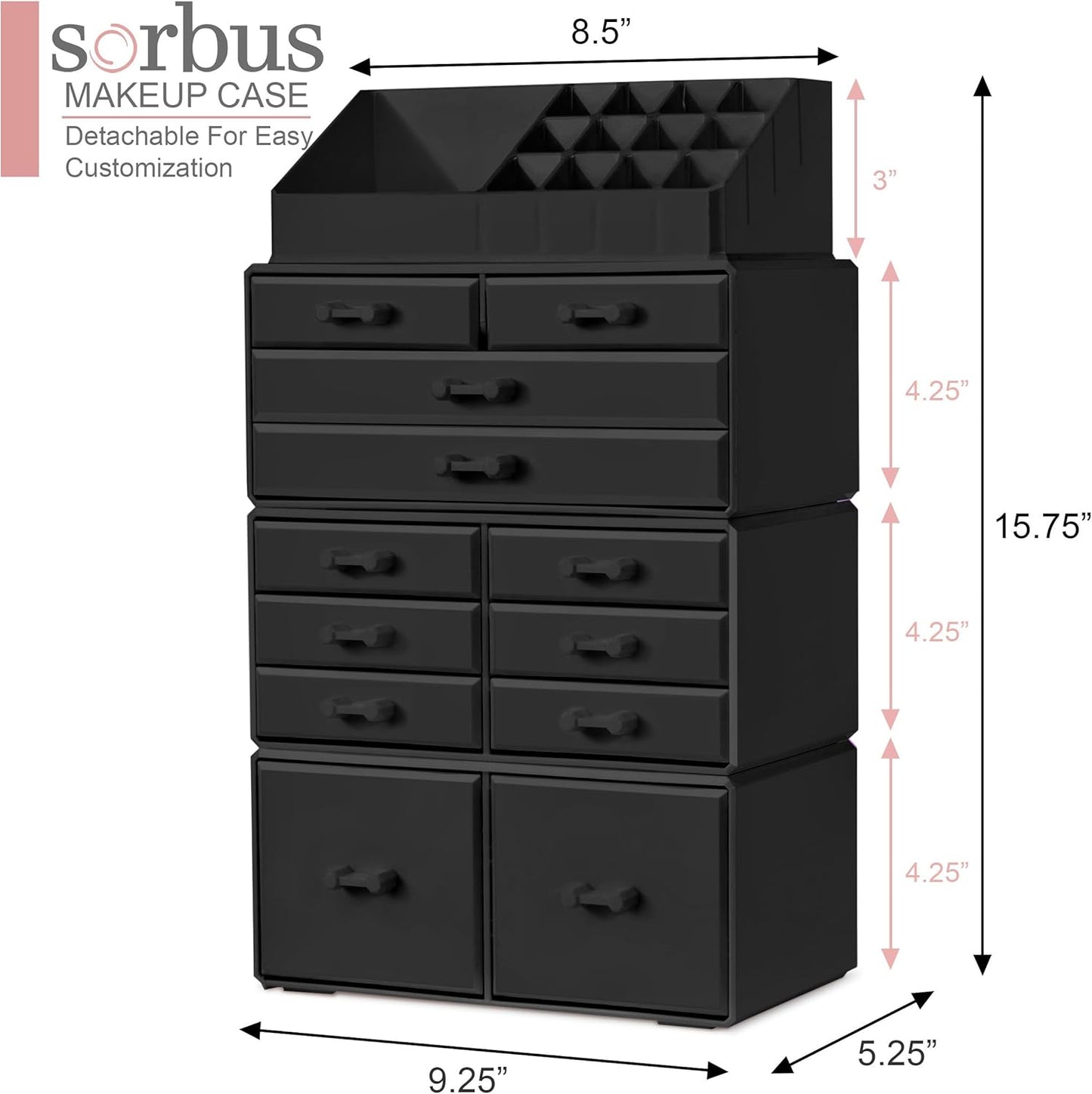 Dluxe Ave. Sorbus Large Makeup Organizer - Stackable Jewelry & Makeup Organizer For Vanity Bathroom Storage Dresser - 12 Drawers Cosmetic Beauty Organizers and Storage with Lipstick Makeup Brush Holder