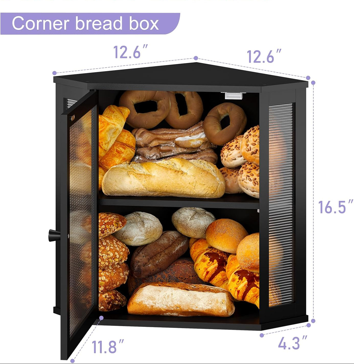 Dluxe Ave. Corner Bread box Kitchen/ with Acrylic Door (Black Extra Large)