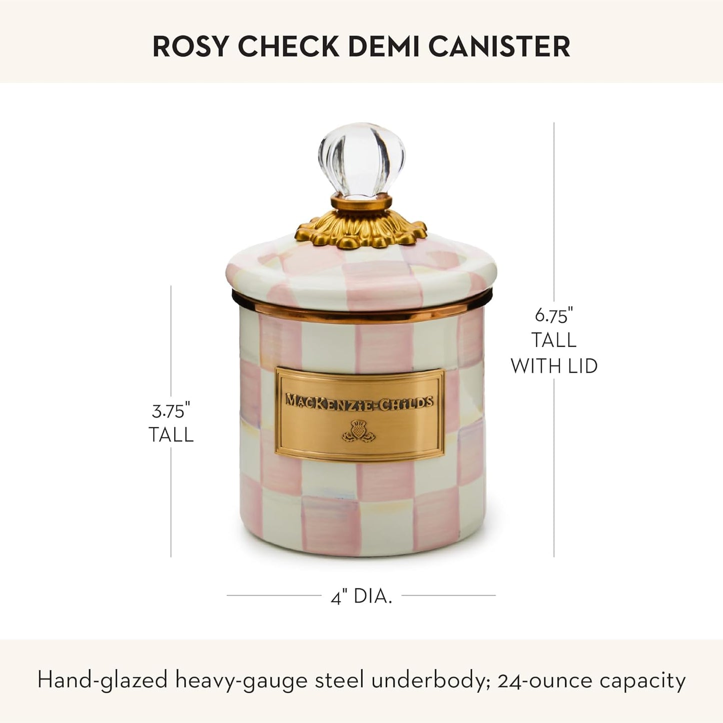 Dluxe Ave. MACKENZIE-CHILDS Rosy Check Enamel Canister Pink-and-White Kitchen Storage Container with Lid Demi