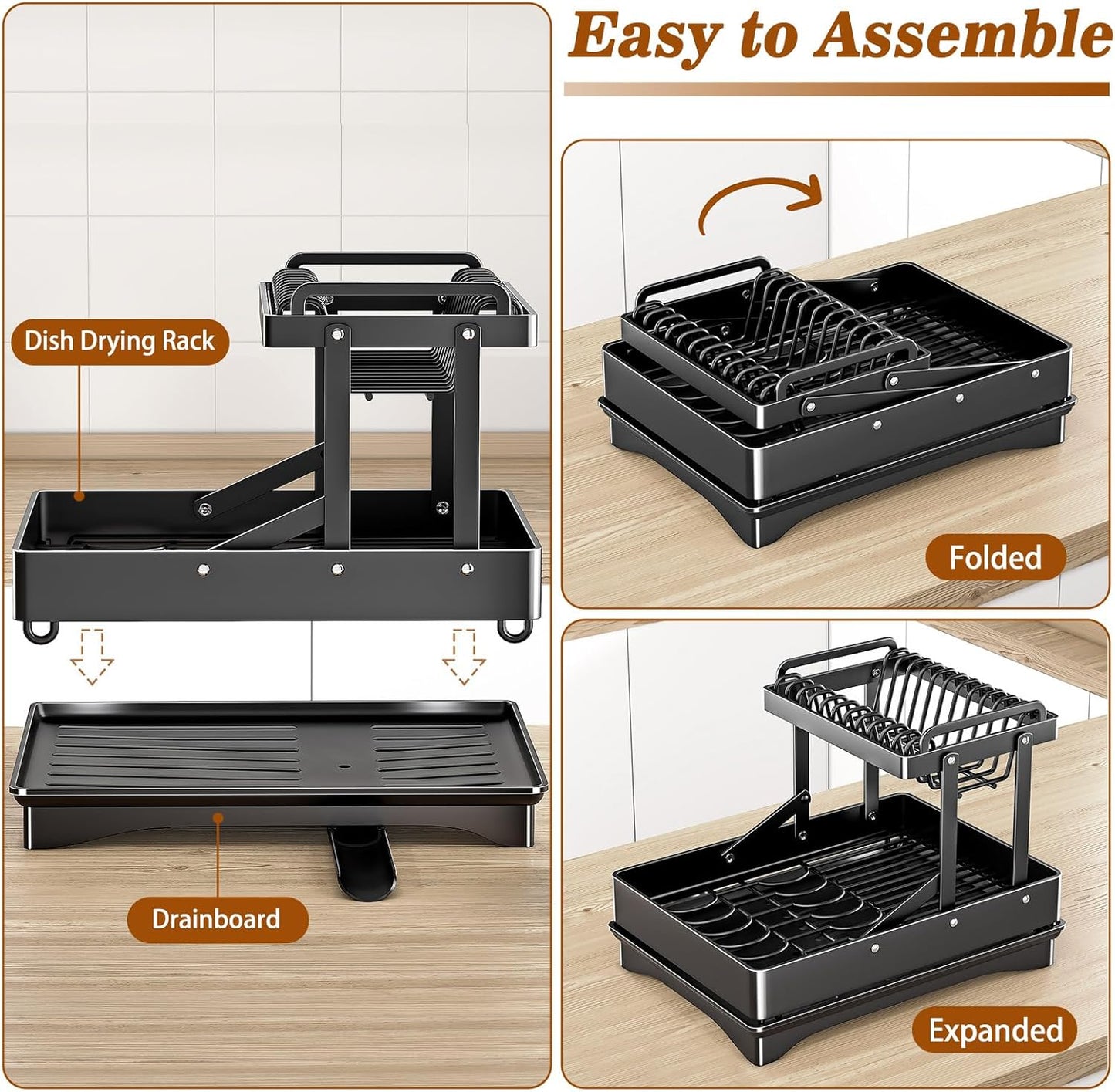 Dluxe Ave. Rust-Proof Dish Drying Rack/ 2 Tier Large Dish Rack /Carbon Steel (Black)