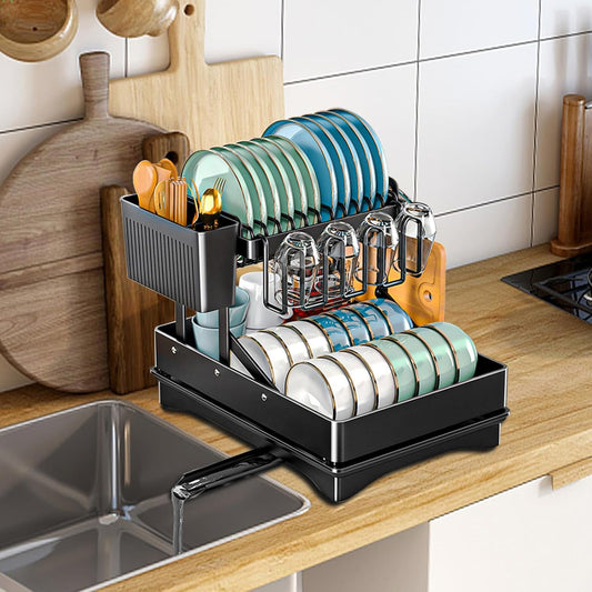 Dluxe Ave. Rust-Proof Dish Drying Rack/ 2 Tier Large Dish Rack /Carbon Steel (Black)