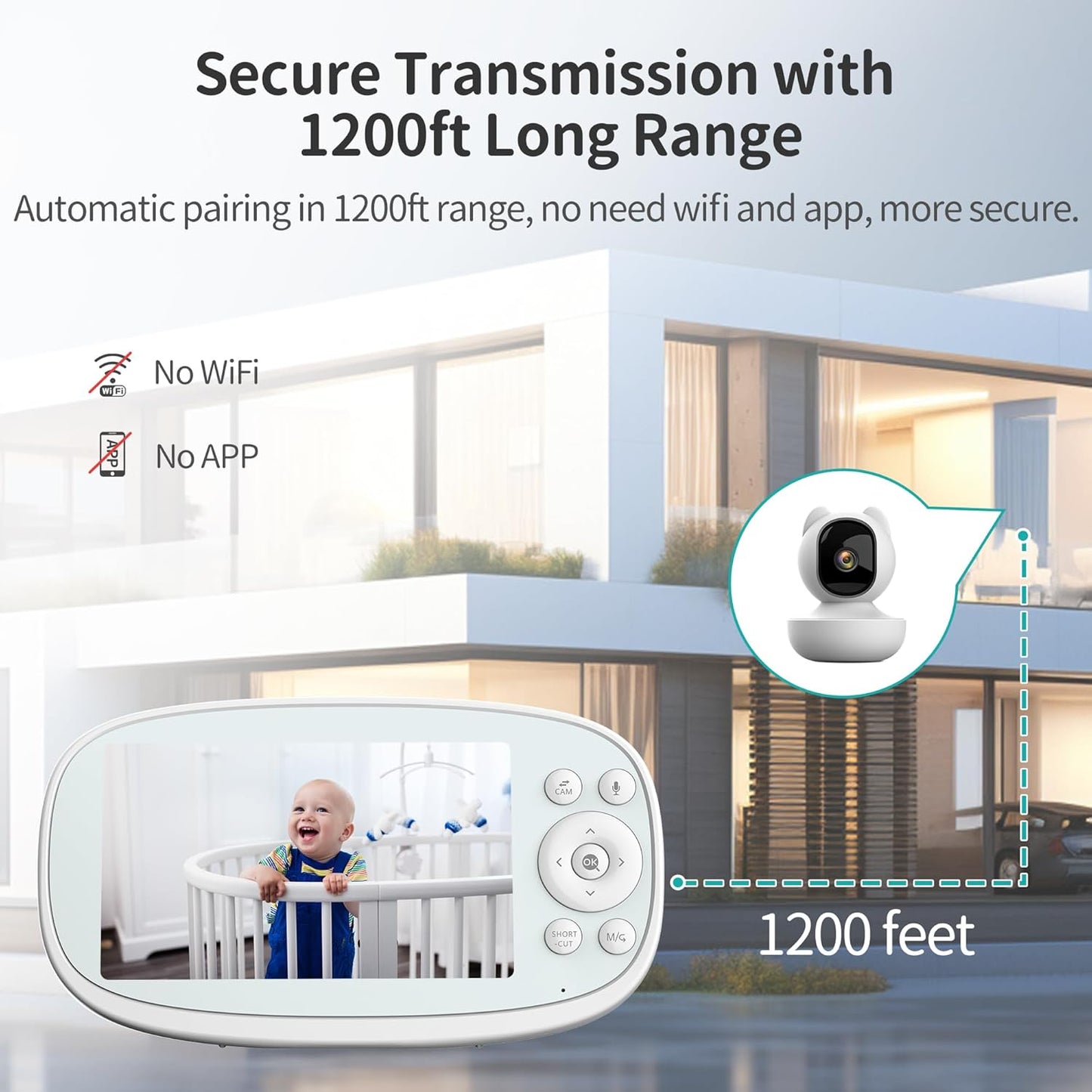 Dluxe Ave. VIZOLINK Baby Monitor 5.5" Split-Screen 2-Way Talk Video Baby Monitor with Camera and Audio Auto Motion Tracking Al Virtual Fence Local Video Playback Cry Detection 5X ZoomVOX No WiFi (White)