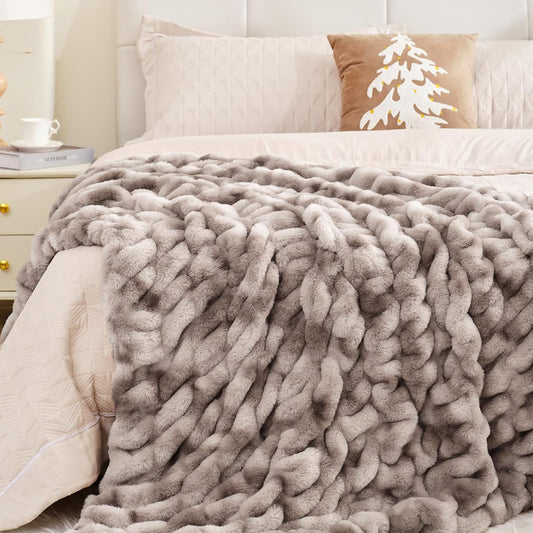 Dluxe Ave. ( THROW ) Faux Rabbit Fur Throw Blanket 700 GSM, Luxury Dual-Sided Soft Cozy Blanket, Fuzzy Fluffy Plush (Coffee) 50"x60" Coffee