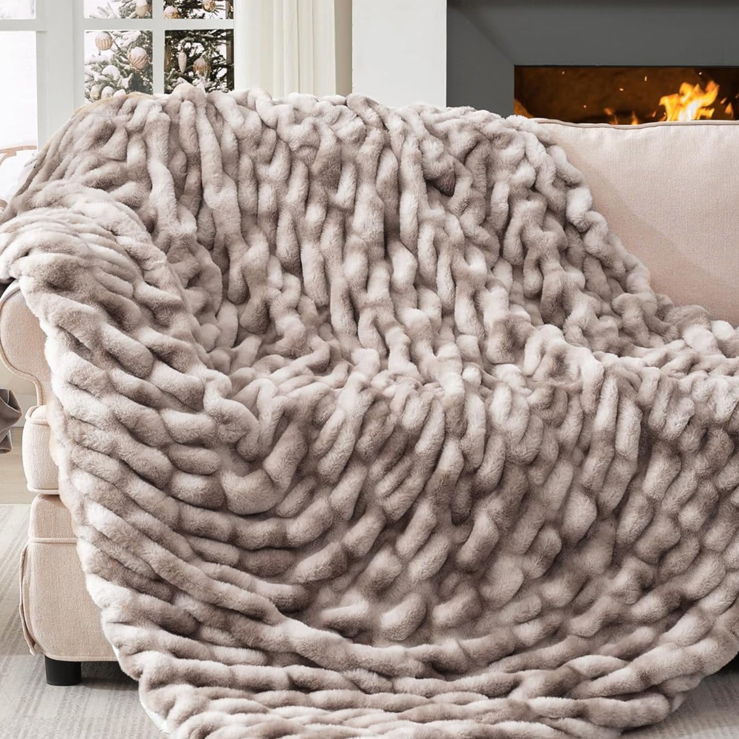 Dluxe Ave. ( THROW ) Faux Rabbit Fur Throw Blanket 700 GSM, Luxury Dual-Sided Soft Cozy Blanket, Fuzzy Fluffy Plush (Coffee) 50"x60" Coffee