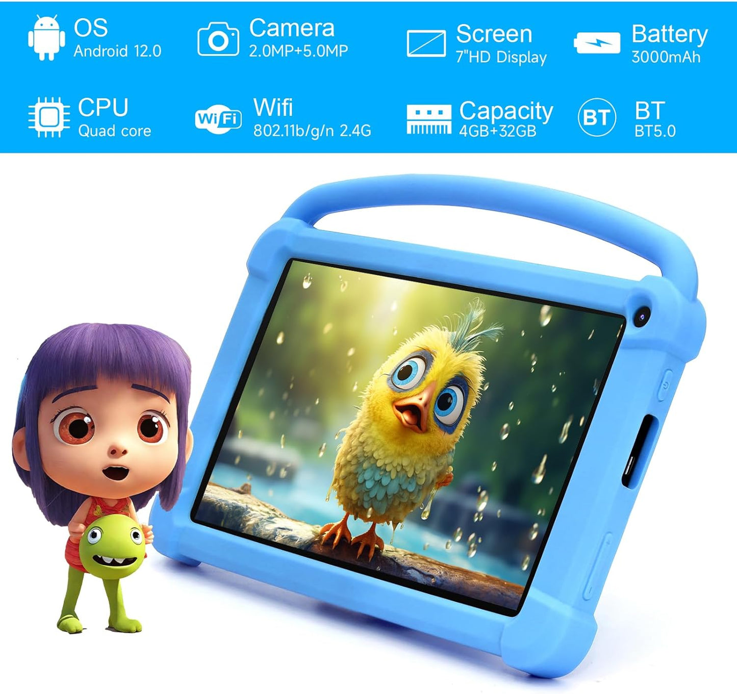 Dluxe Ave. Kids Tablet 7 inch for Boys Girls Android 12 Tablets for Kids 4GB RAM 32GB ROM Toddler Tablet WIFI Bluetooth Safety Eye IPS Screen Parental Control Dual Camera Shockproof Case for Educational Games.
