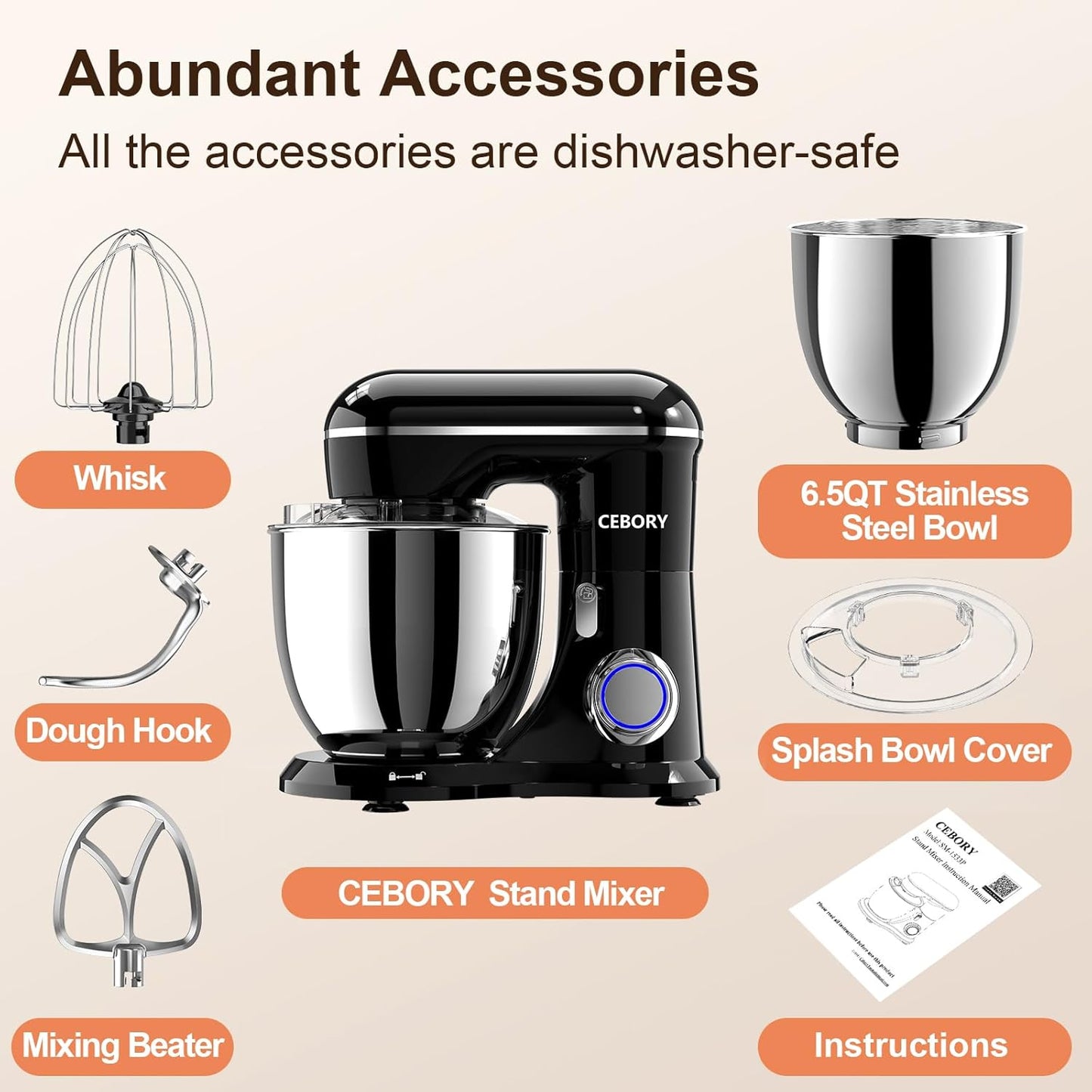 Dluxe Ave. 3-IN-1 Electric Stand Mixer/ 6.5QT Bowl 10-Speed Kitchen Mixer (Black)