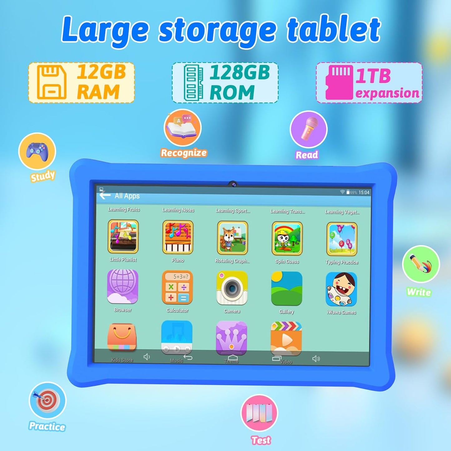Dluxe Ave. Kids Tablet 10 inch Tablet Android 12 Tablet for Kids 4GB RAM 64GB ROM Tablets 10 inch IPS Touch Screen 1280x800 Iwawa & Parent Control kid Tablet WiFi Dual Camera 6000mAh Battery Shockproof Case