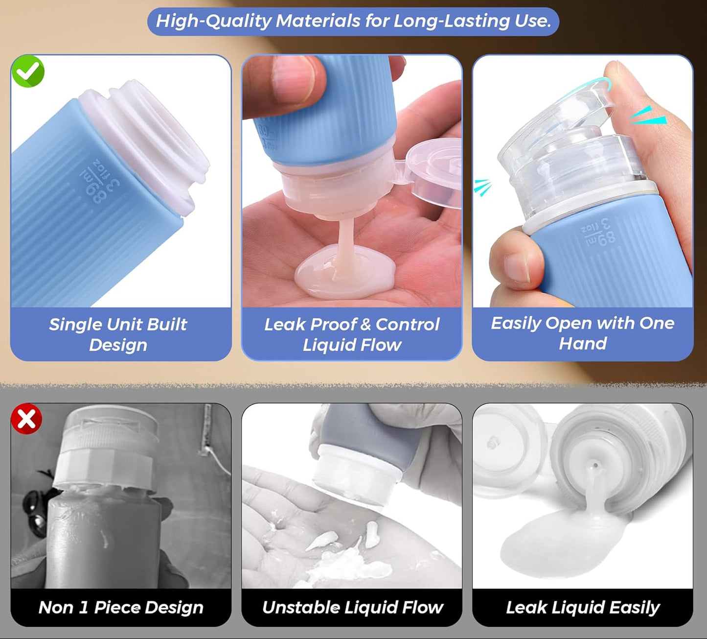 Dluxe Ave. 3 Oz Silicone Travel Bottles for Toiletries/ Set of 5 TSA Approved/ Blue