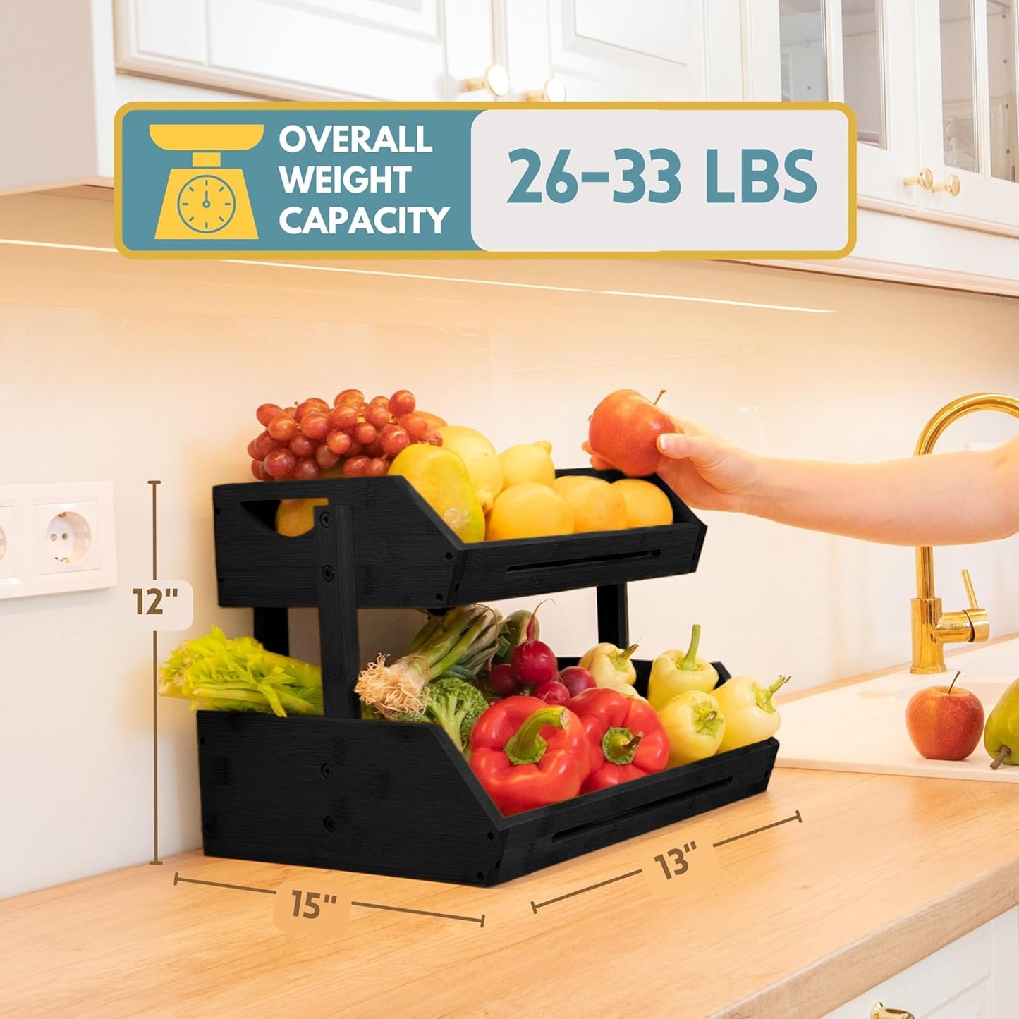 Dluxe Ave. 2 Tier Bamboo Wood Fruit Basket Tiered Fruit Display Stand Kitchen Countertop Organizer Home Counter Storage Baskets Produce Fruits Bowl Holder Large Wooden Fruit Basket For Vegetable Bread Snack