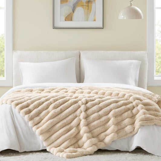 Dluxe Ave. ( TWIN )Ultra Soft Faux Rabbit Fur Striped Throw Blanket, Luxury Plush, Thick & Warm, 750GSM (Beige 60"x80")