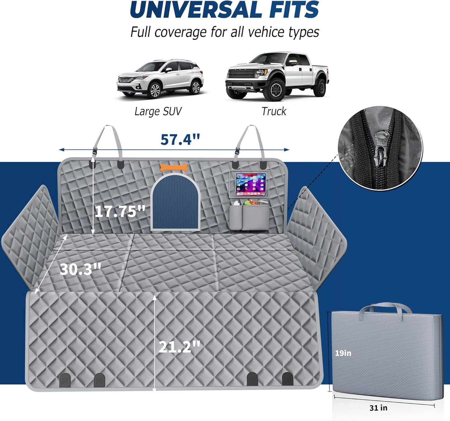 Dluxe Ave. XXL Dog Car Seat Cover for Back Seat Hard Bottom Truck Pet Back Seat Extender for Dogs 100% Waterproof&Scratchproof Backseat Protector Nonslip Dog Bed for Car Dog Hammock for Crew Cab F150 (Grey)