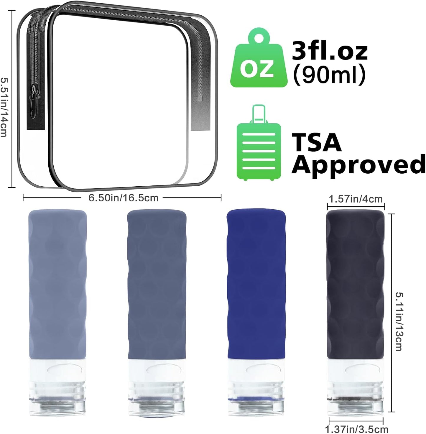 Dluxe Ave. Travel Bottles for Toiletries/ 4pcs Tsa Approved /3oz BPA Free Leak Proof/ Blue