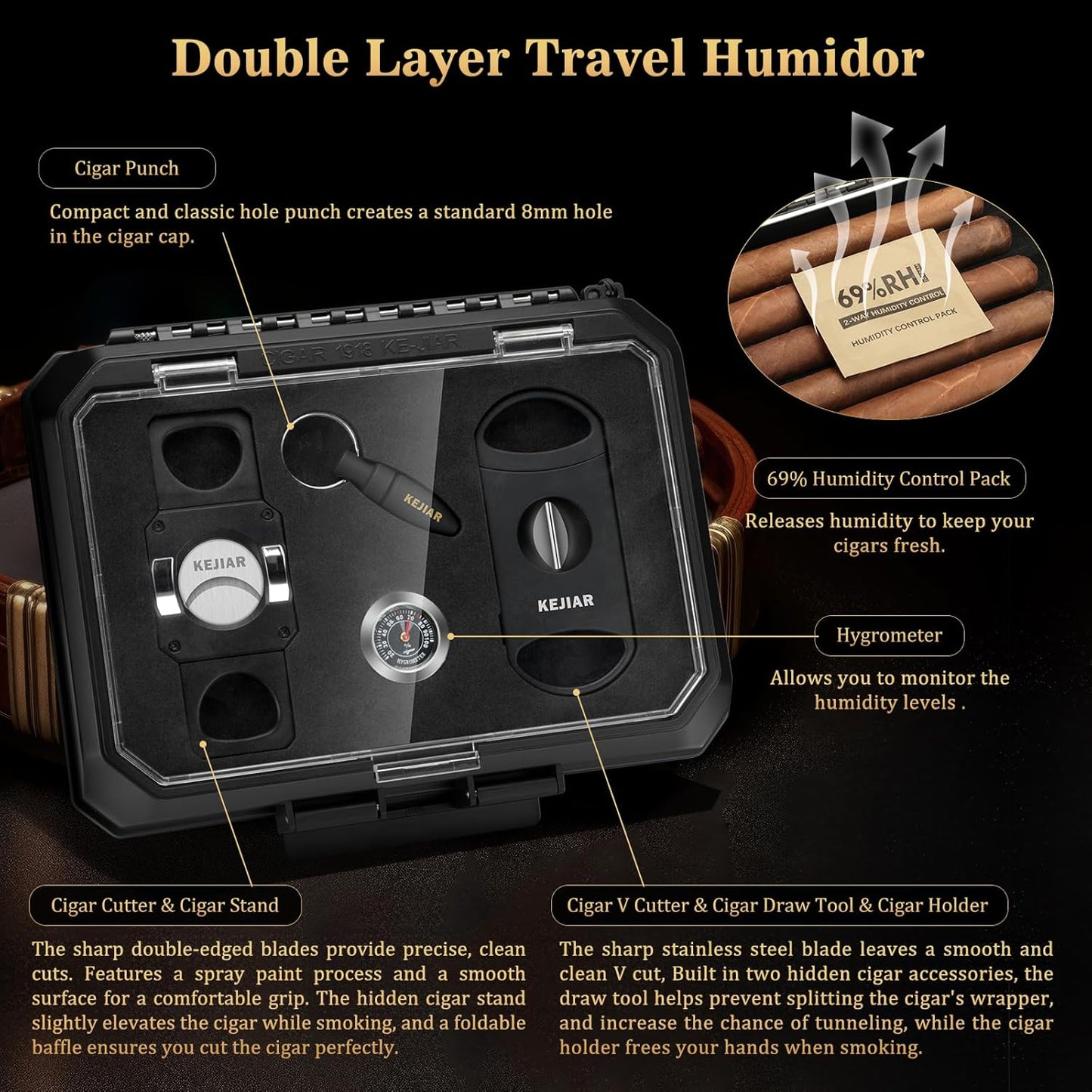 Dluxe Ave. Travel Cigar Humidor Case/ 3 in 1 Cutter/ V Cut 2 in 1