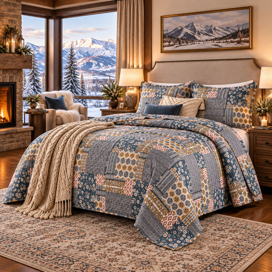 Dluxe Ave. (KING) Dark Grey Quilt Set 3 Pieces/ Plaid Floral