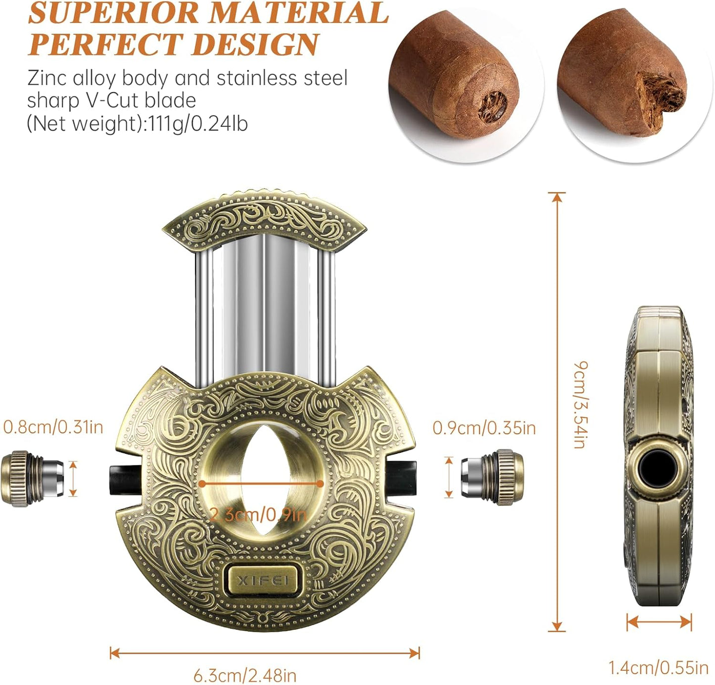 Dluxe Ave. Cigar Cutter Stainless Steel/ V-Cut Guillotine with 2 Cigar Punch/ Bronze