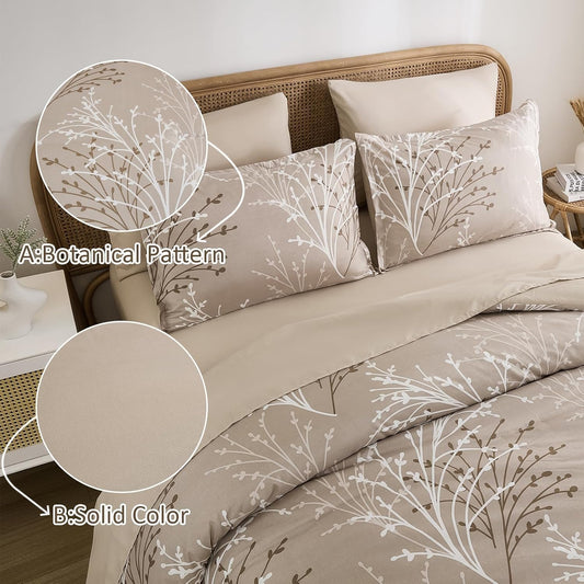 Dluxe Ave. ( KING ) 7 Pcs Branch Botanical Comforter Set with Sheets, All Season /Beige