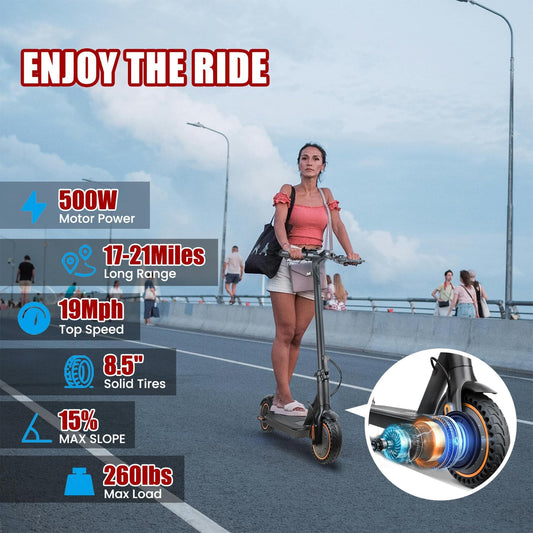 Dluxe Ave. Electric Scooter 8.5" Solid Tires E Scooter for Adult 500W Motor Up to 19MPH /19-21Miles Commuter Escooter with Smart APP and Cruise Control Portable Scooter Electric