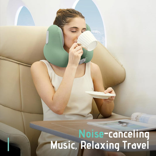 Dluxe Ave. Travel Neck Pillow with Bluetooth Headset/Memory Foam Airplane Pillow for Head Support /(Green)