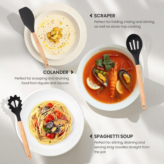 Dluxe Ave. 22 PCS Silicone Utensils with Wooden Handle Set
