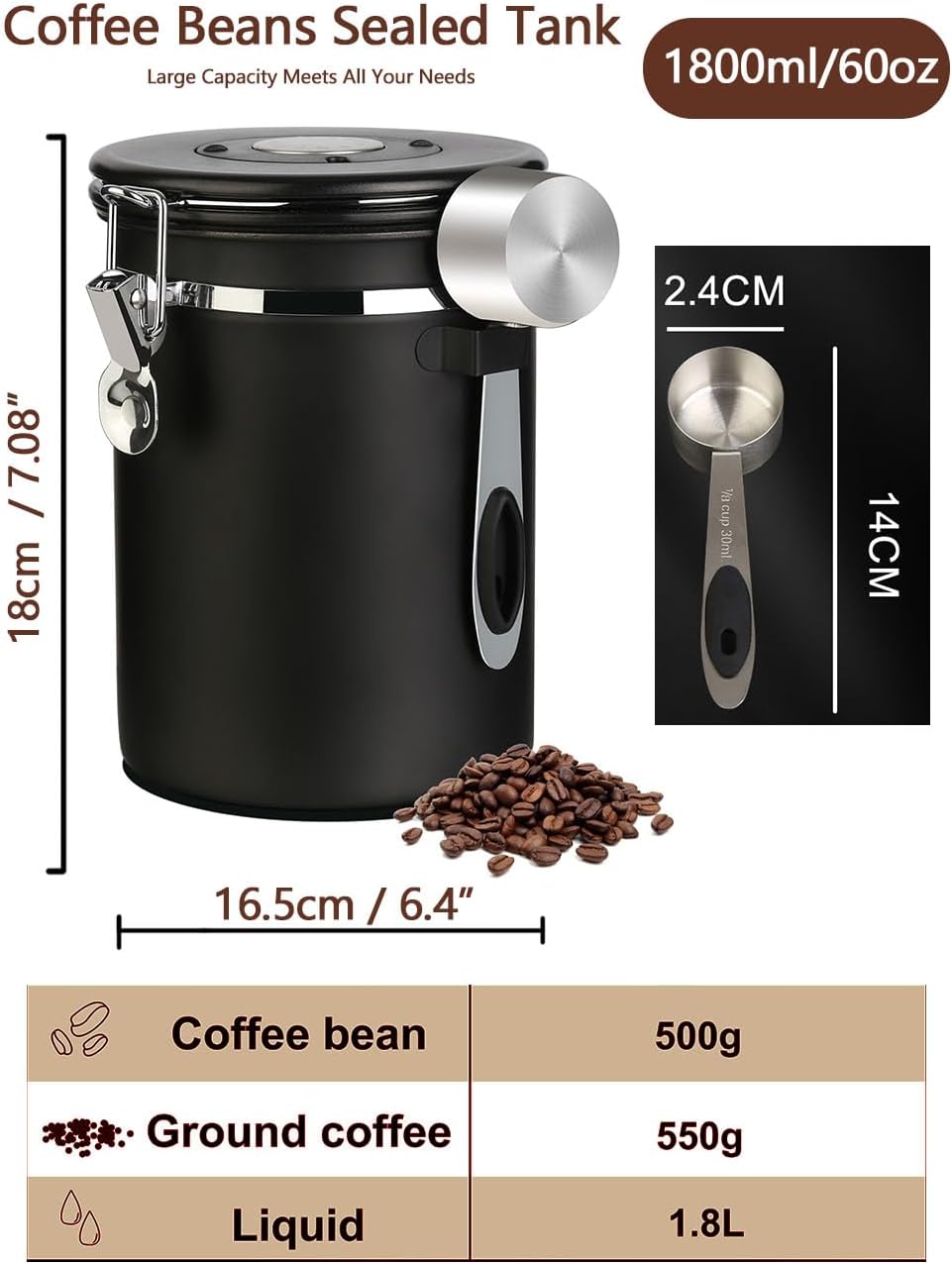 Dluxe Ave. Coffee Canister Airtight Coffee Storage Container Stainless Steel Air Tight Coffee Jar with Scoop(2pcs-Black-1.8L)