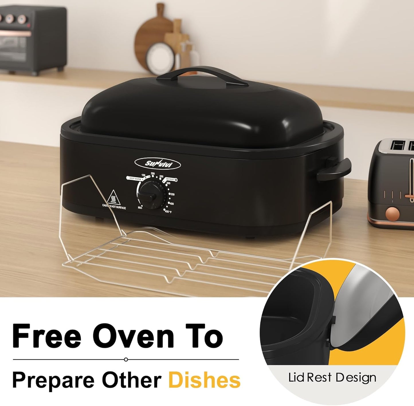Dluxe Ave. 14-Quart Roaster Oven with Self-Basting Lid / Removable Pan and Rack, Stainless Steel, Black
