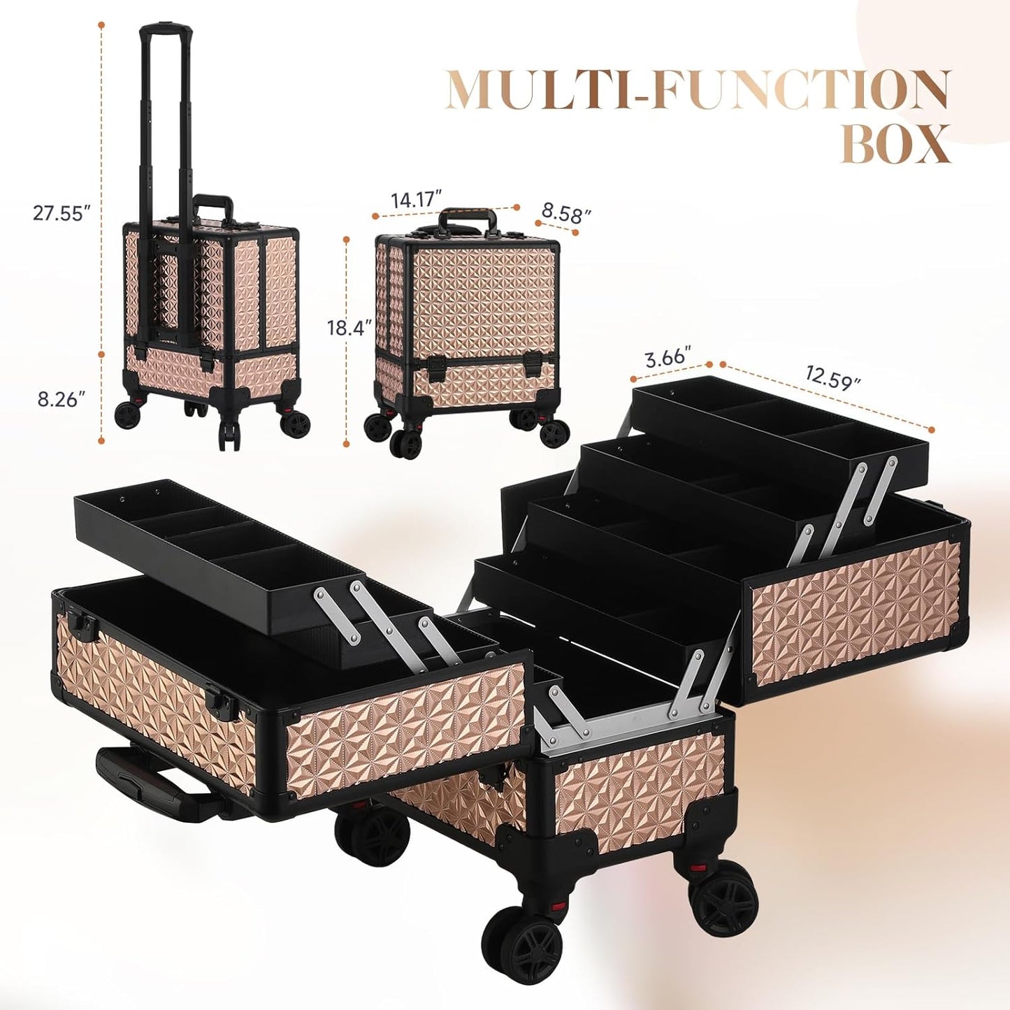 Dluxe Ave. Leeora&Leekoo High-Capacity Multilayer Portable Nail Case for Nail Tech Organizer with Wheels (rose gold)