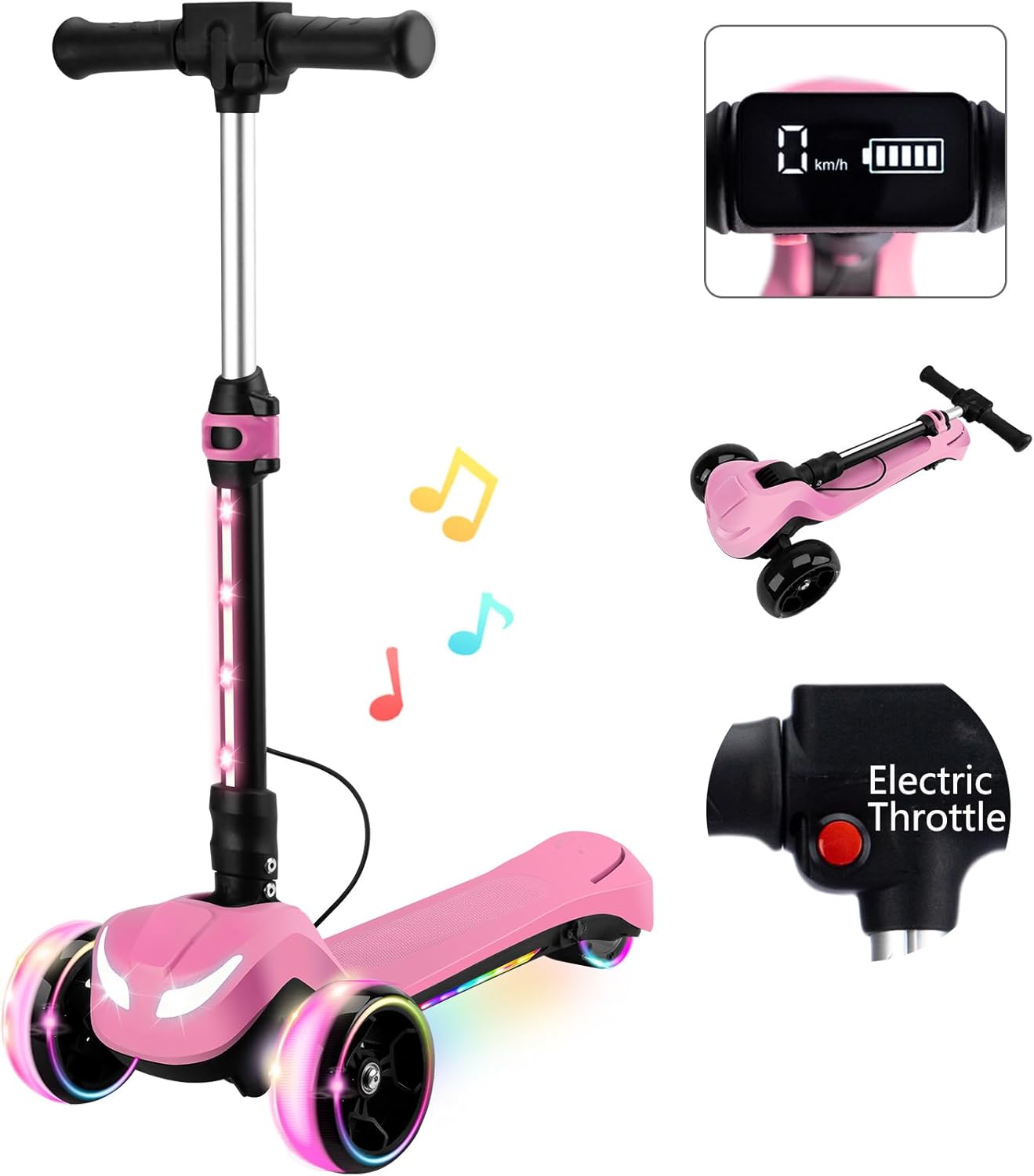 Dluxe Ave.3 Wheel Electric Scooter for Kids Ages 3-8 LCD Display Colorful Lights Reliable Thumb Throttle 3 Adjustable Height 5Mph Safe Speed (Pink)