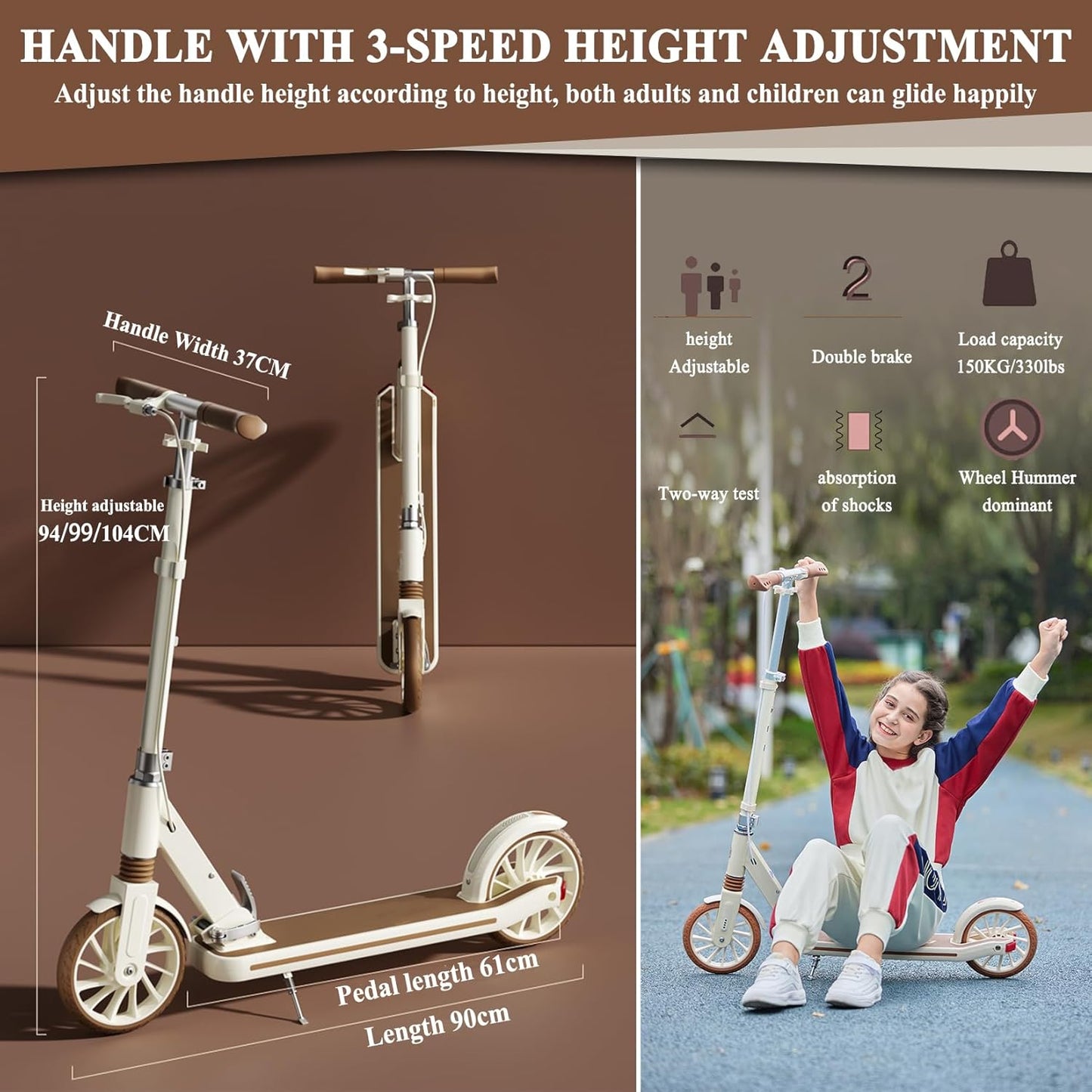 Dluxe Ave. CUIOT Commuter Adult Scooter 330 lbs Capacity 8IN Solid Tires Big Wheels Scooters 3 Handle Height Adjustable Levels with Double Braking System Foldable ScooterKick Scooter for Ages 6+Black