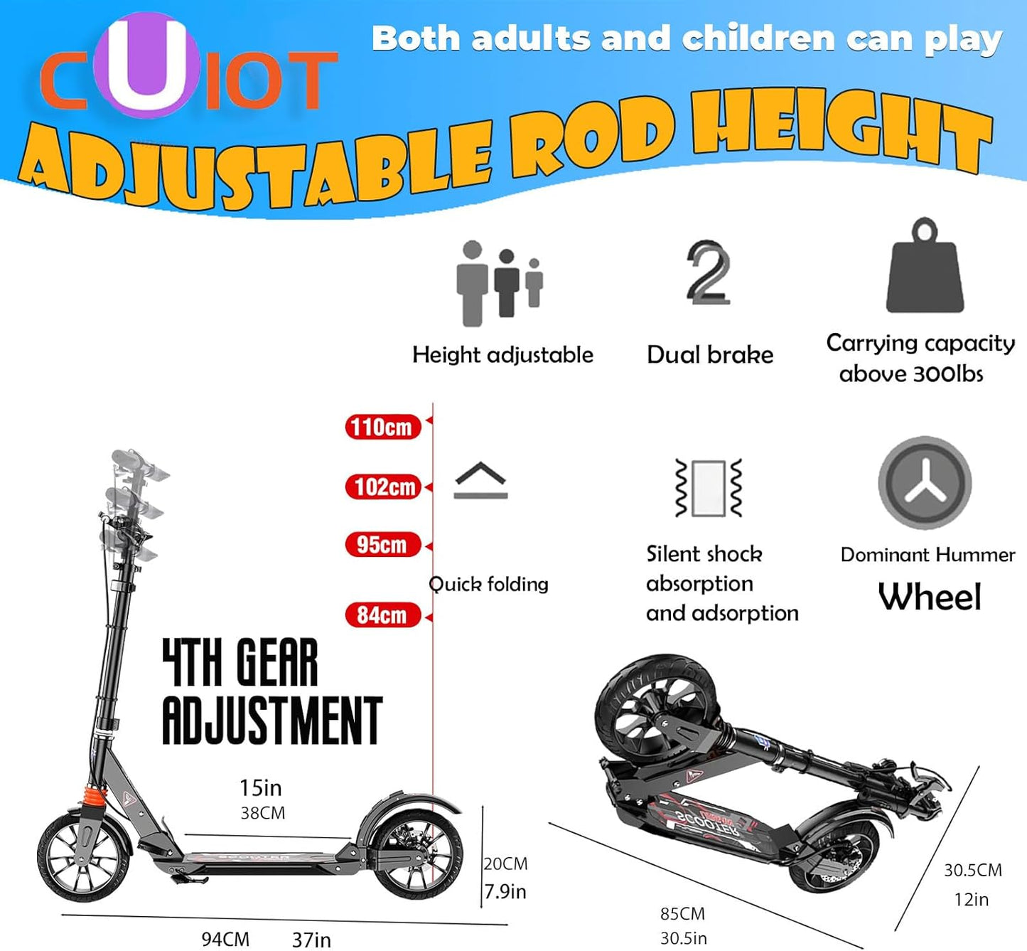 Dluxe Ave. CUIOT Kick Scooter for Ages 6+Kid Teens & Adults - Max Load 300 LBS 4 Adjustable Levels 200mm Big Wheel Folding Scooter White