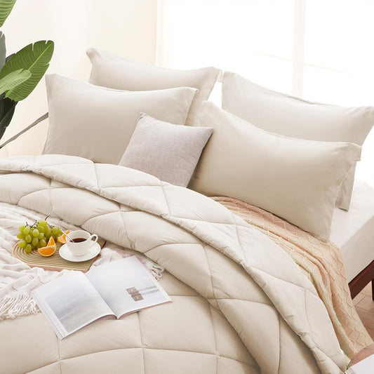 Dluxe Ave ( FULL) 7 Pcs Comforter Set, for All Season (Beige)