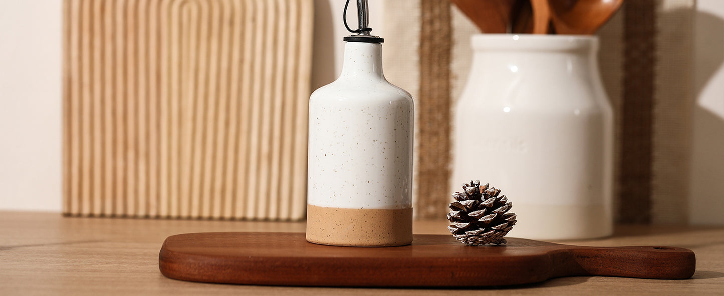 Dluxe Ave. Ceramic Olive Oil Dispenser Bottle Oil Dispenser for Kitchen 16oz Oil Bottle for Kitchen Oil Container Kitchen Oil Dispenser for Oil Vinegar Syrups(White&Brown