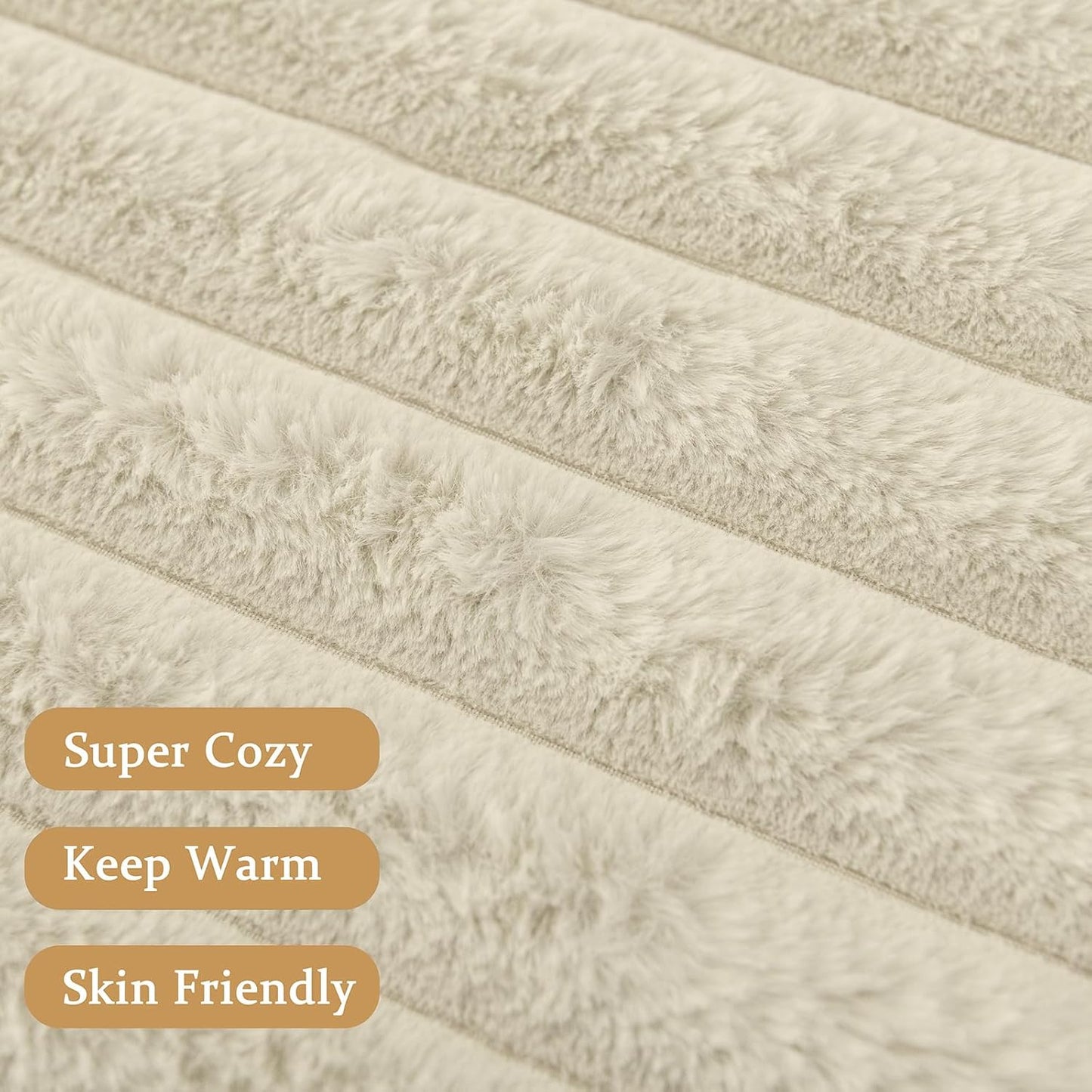 Dluxe Ave. ( TWIN )Faux Fur Throw Blanket, Cozy Soft Warm Plush, Striped, 60"x80" (Beige)