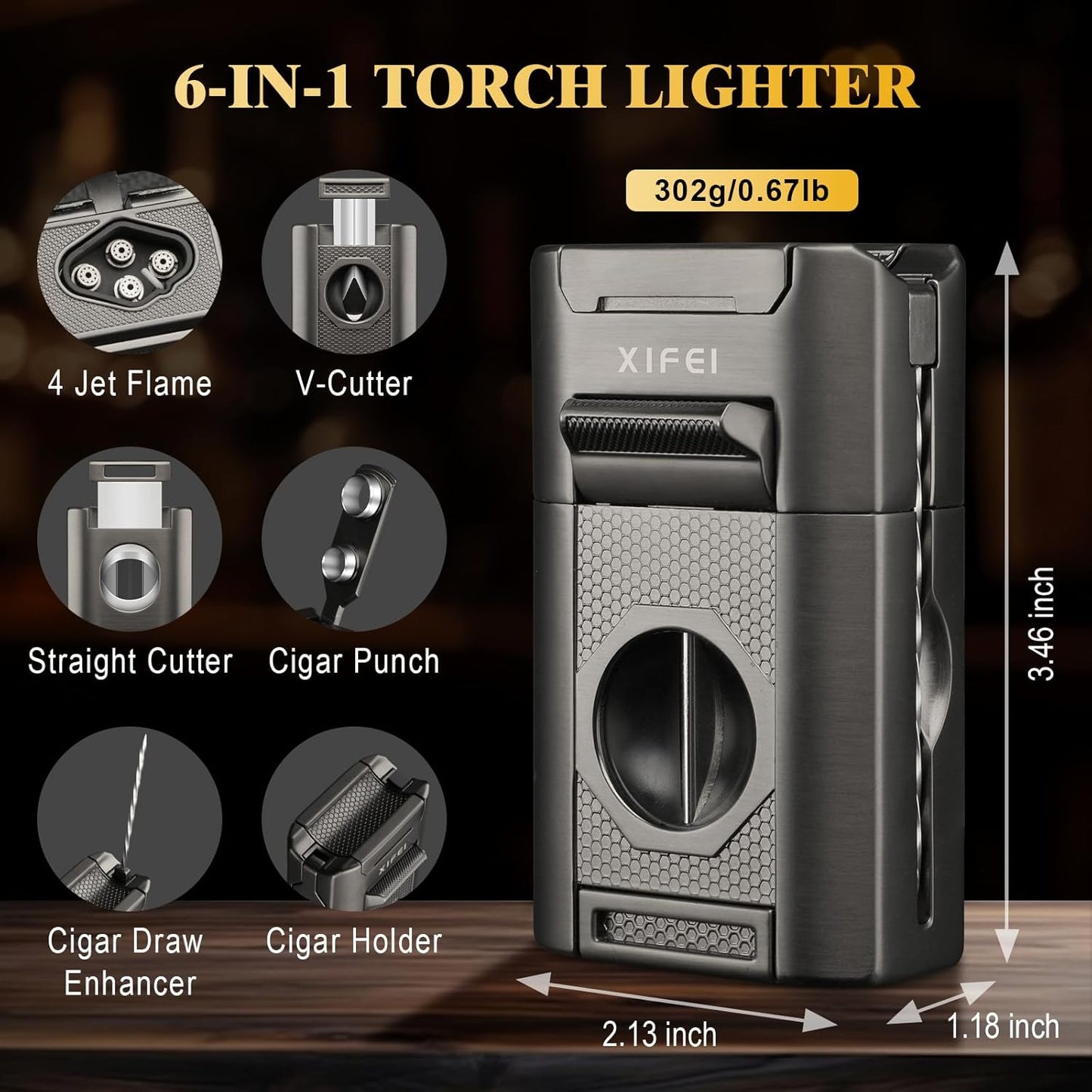 Dluxe Ave. 6-in-1 Cigar Lighter Desktop Torch Lighter with Straight V-Cut Cigar Cutter Dual Punch, (Gray)