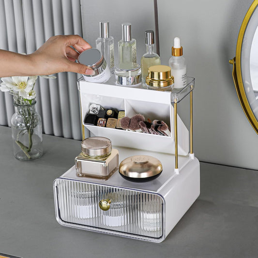 Dluxe Ave. Anlynwooh Makeup Organizer with Drawer Bathroom Organizers and Storage,Makeup Brush HolderLipstick and Perfume OrganizerCosmetic and Vanity OrganizerDesk Organizer (AMBER)