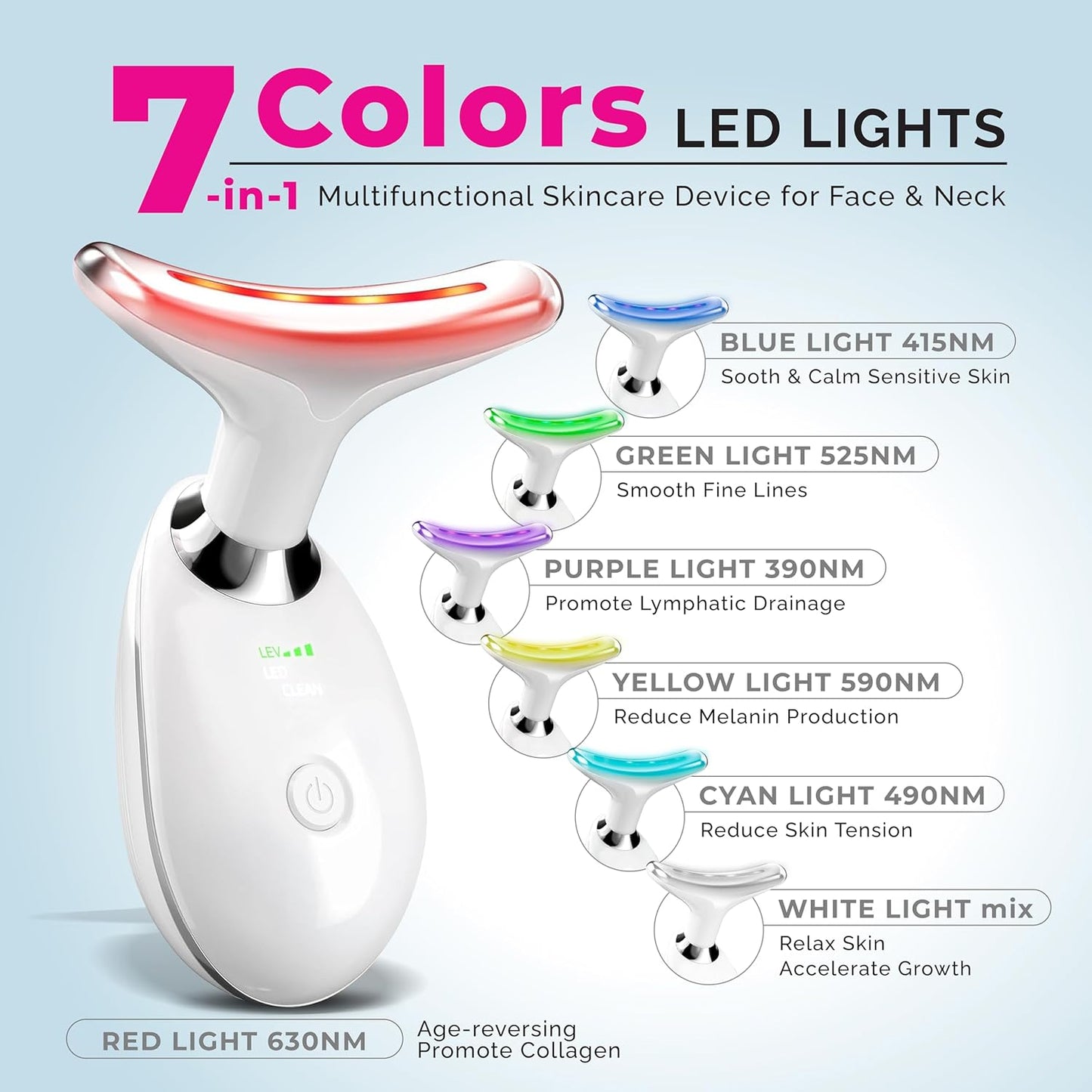 Dluxe Ave. Face Neck Device Facial Massager/ Facial Tools 7-in-1 L-E-D Colors
