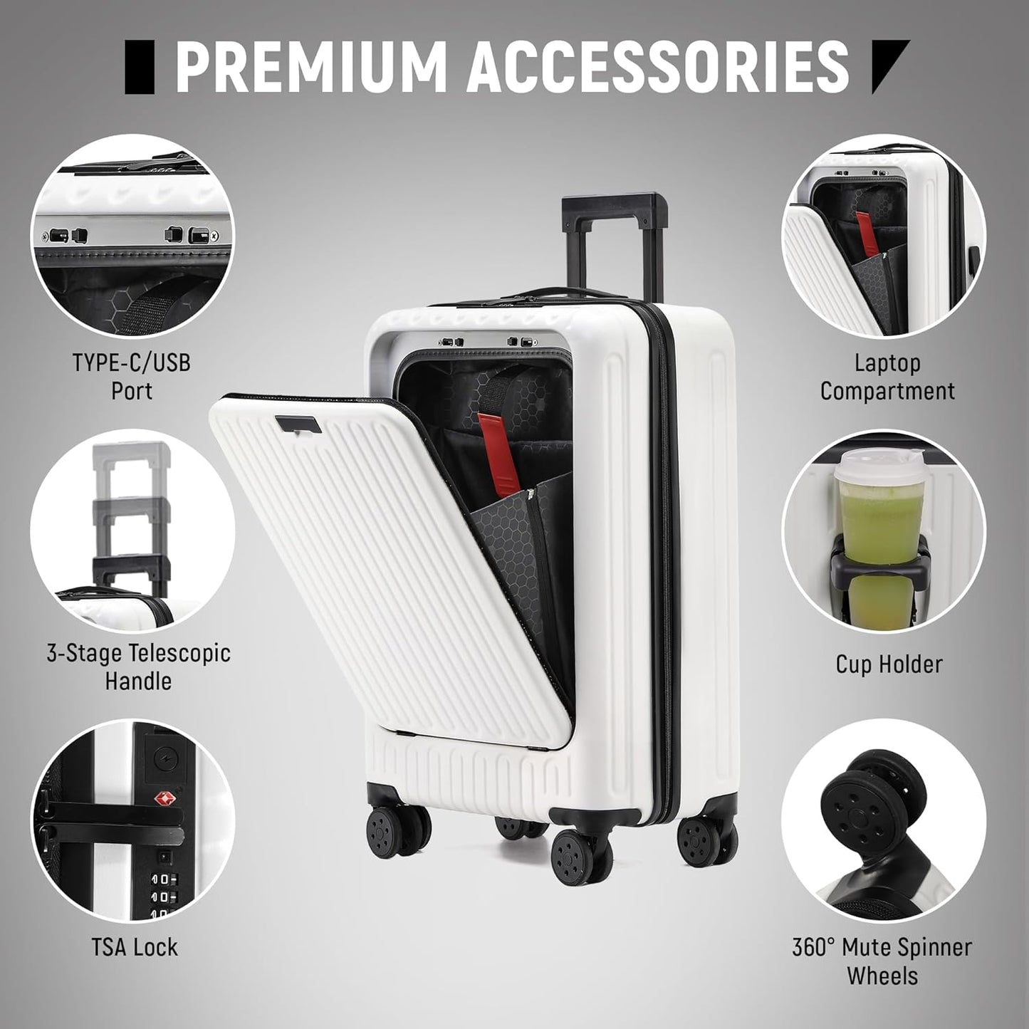 Dluxe Ave. 20in Carry On Luggage/Airline Approved/Spinner Wheels (White) 22x14x9