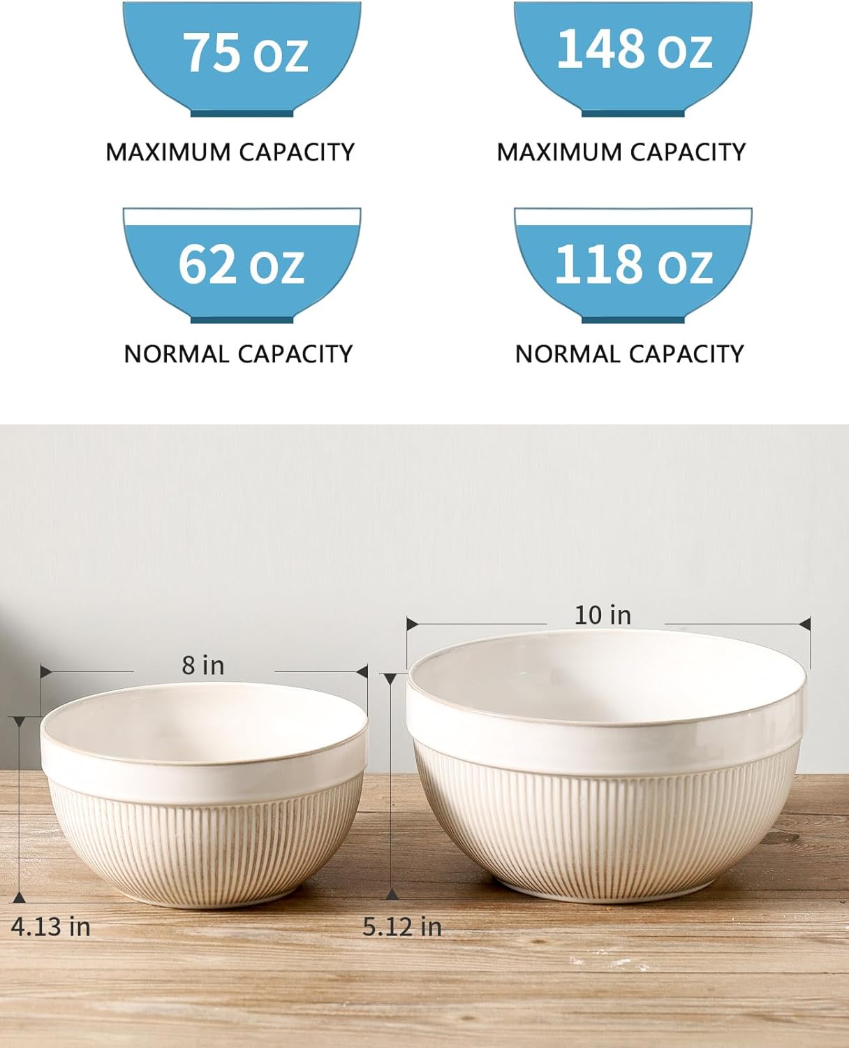 Dluxe Ave. Ceramic Large Yellow Stripe Mixing Bowls /Set of 2 / 10in. & 8in. (White)