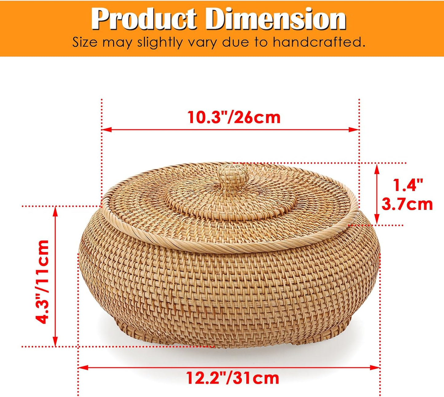 Dluxe Ave. Round Rattan Boxes with Lid/ X-Large Woven Bread Basket (Natural Wicker)