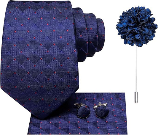 Dluxe Ave. Mens Ties Set Silk Ties for Men 4PCS Neck Tie & Pocket Square Flower Lapel Pin Cufflinks Set Black Red Green Tie Royal Blue