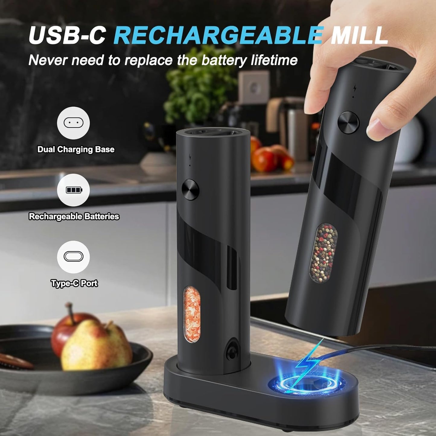 Dluxe Ave. Electric Salt and Pepper Grinder Set Rechargeable with LED lights